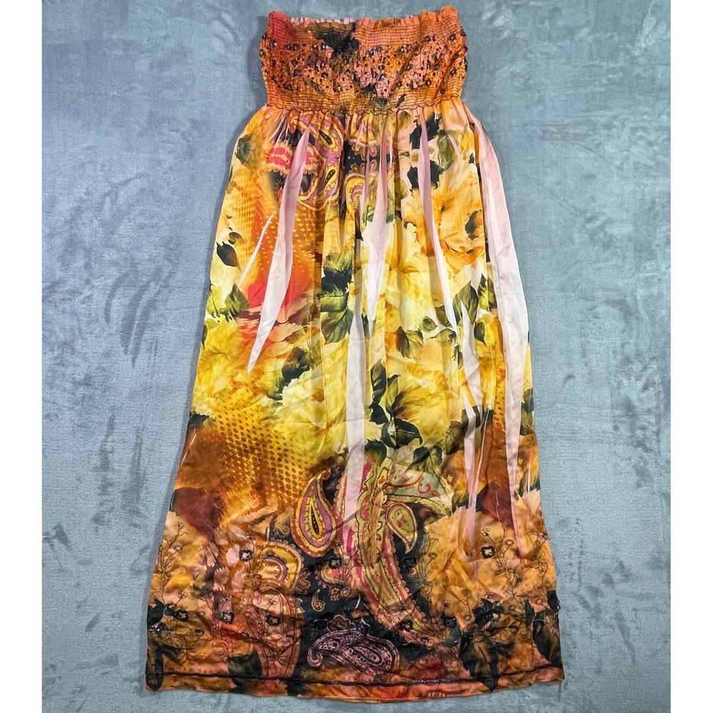 Lapis Womens Strapless Smocked‎ Maxi Dress Orange Paisley Floral Sequin One Size